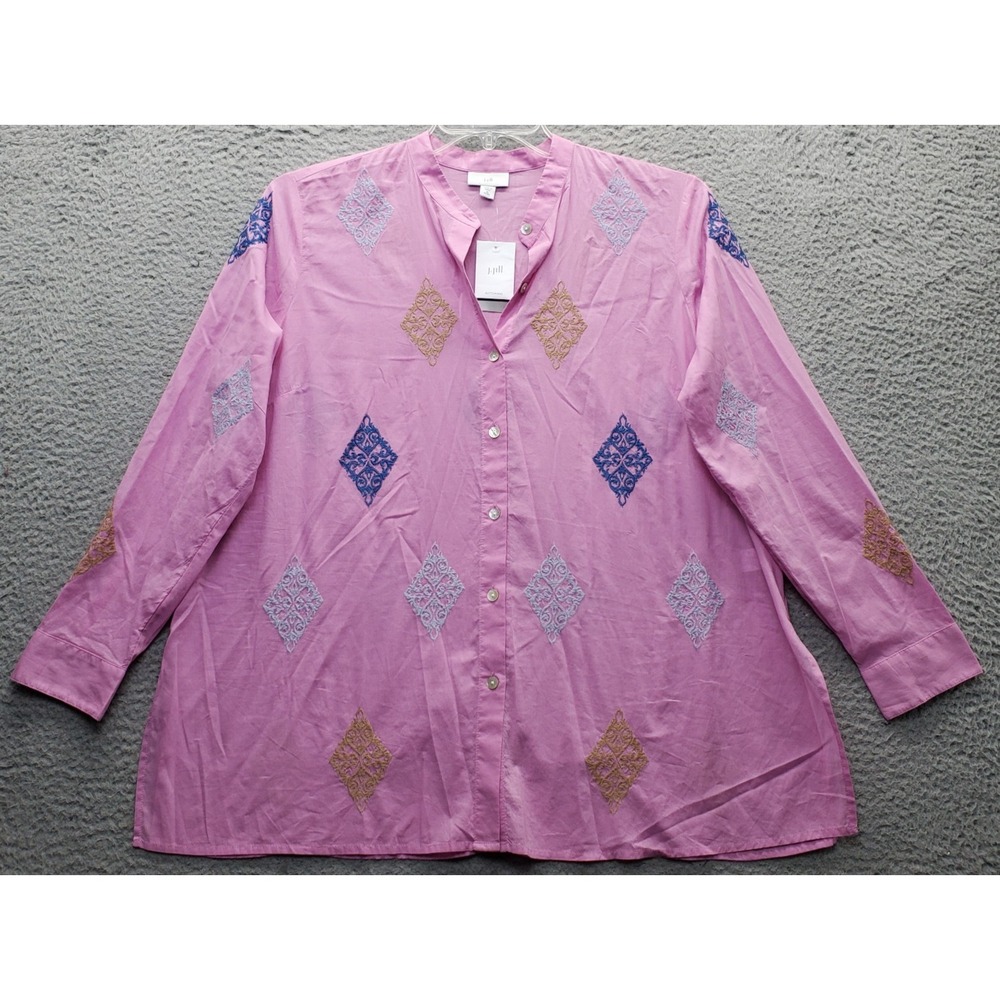J. Jill Tunic Top Women Petite M Pink Sheer Embroidered Long Sleeve Button-Front